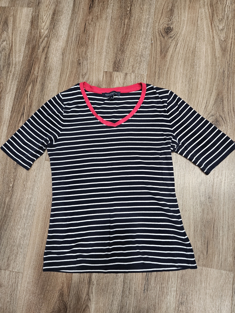 Tommy Hilfiger Black and White Striped V-Neck Tee with Pink Trim